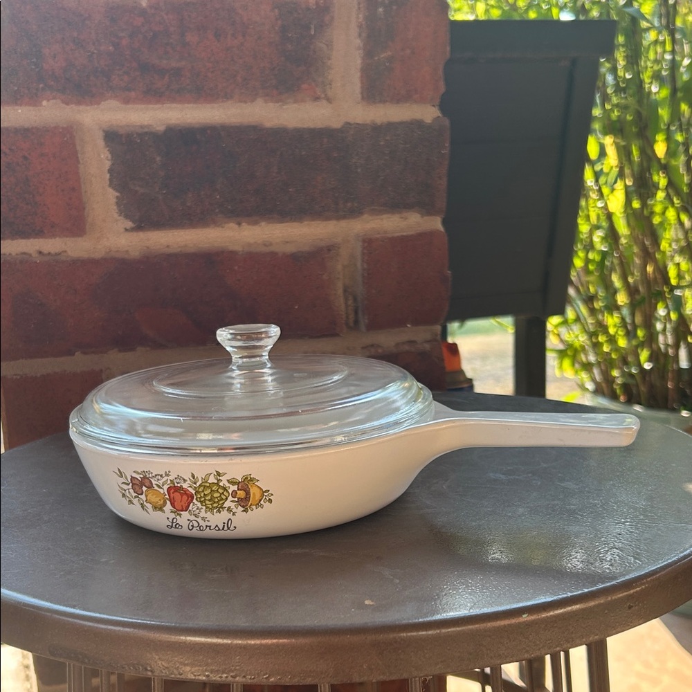 Corningware White Ceramic Skillet with Vegetable Motif and Glass Lid